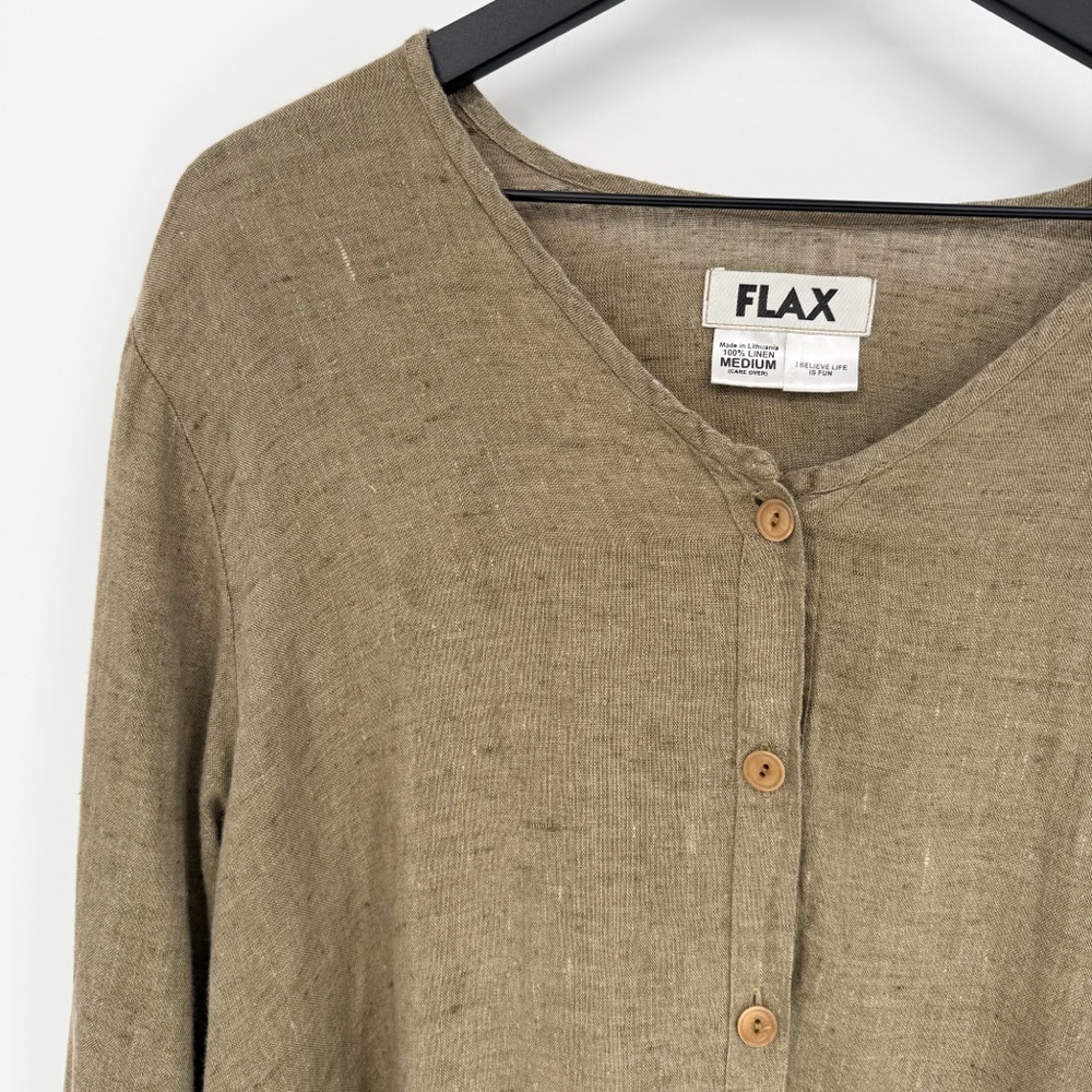 Flax 100% Linen Lagenlook Button Front Long Sleeve Top Olive Green Medium - Picture 2 of 8
